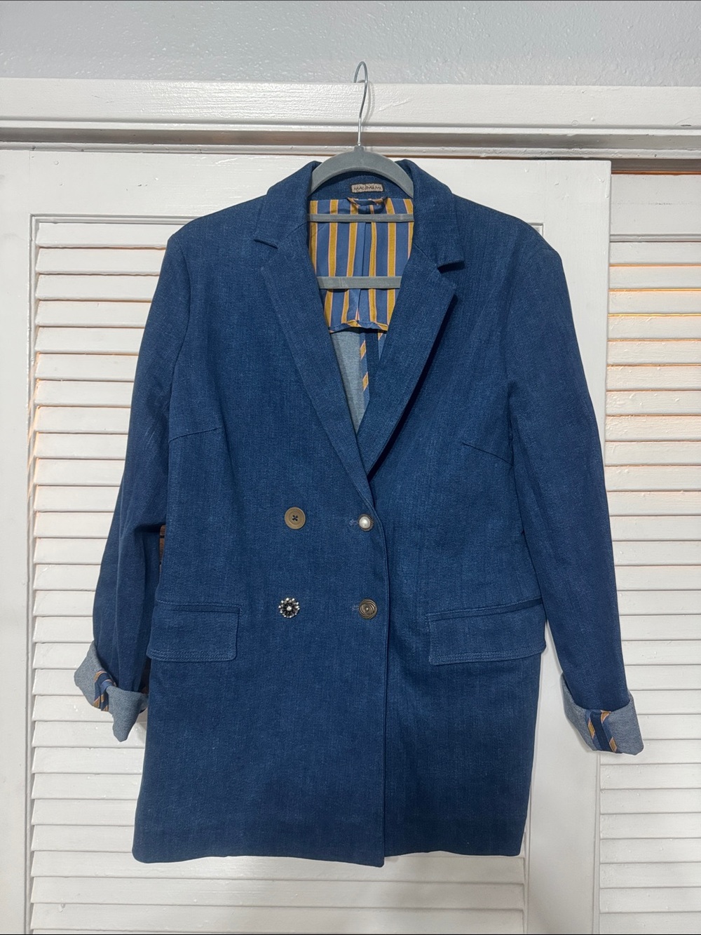 Maliparmi Denim Blue Double-Breasted Blazer Jacket with Striped Lining Size 48